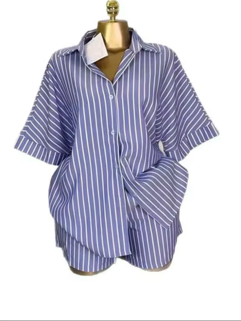 Blue & White Striped Button-Up Shirt Set